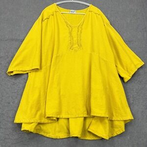 Oh‎ My Gauze Top Womens 3 Yellow Lagenlook Flowy Art Boho Ruffle Hippie Blouse